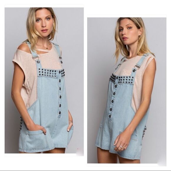 Pol Denim Overall Shorts With Side Pockets And Stud Details - Picture 3 of 16